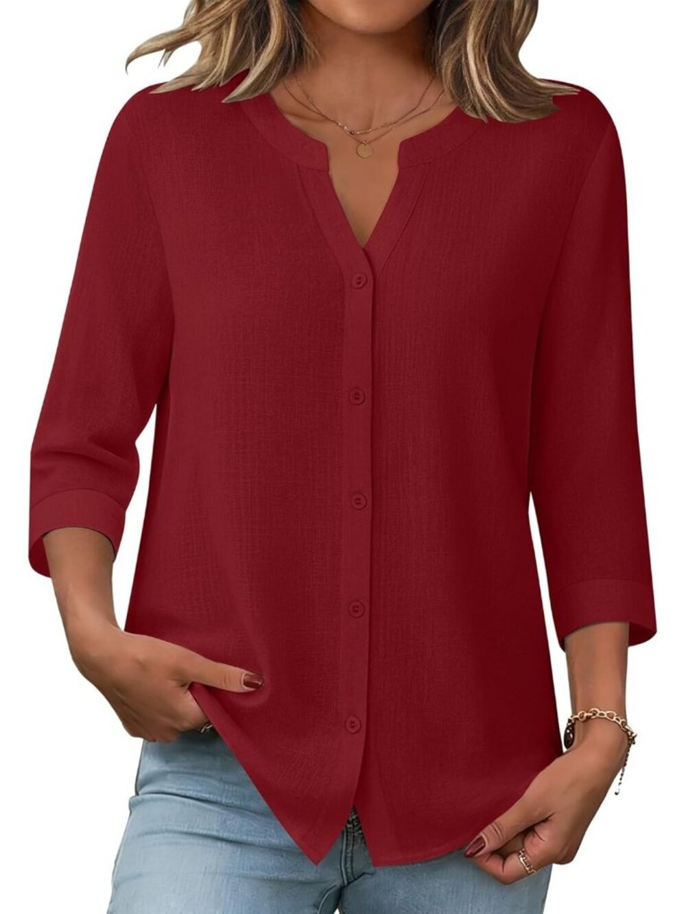 Women's Red Button Down Sleeve Linen Cotton V Neck Casual Loose Work Blouses
